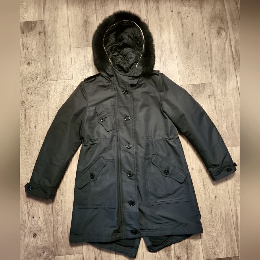Burberry Brit Faux Fur Hooded Parka Coat Black Size 10